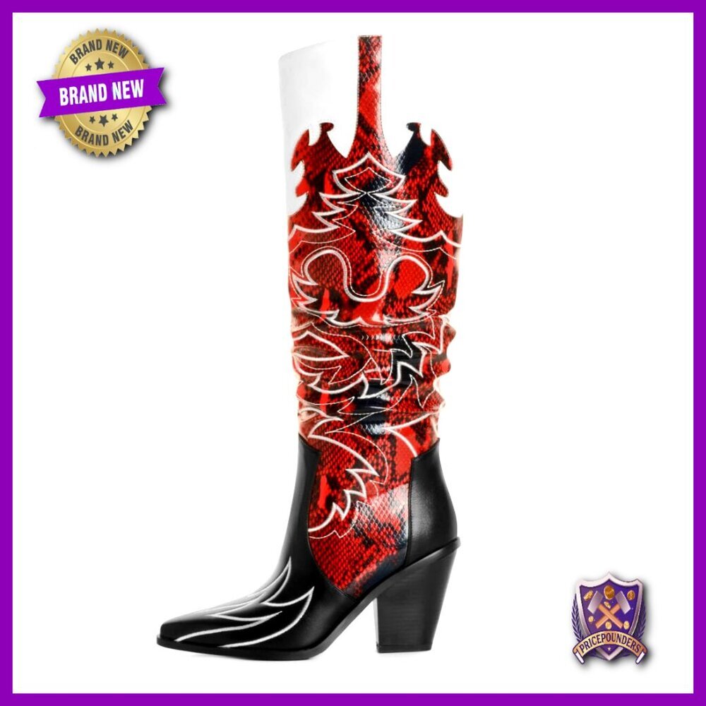 Knee High Cowgirl Boots Side Zipper Chunky Heel Pointed Toe Western Two Tone